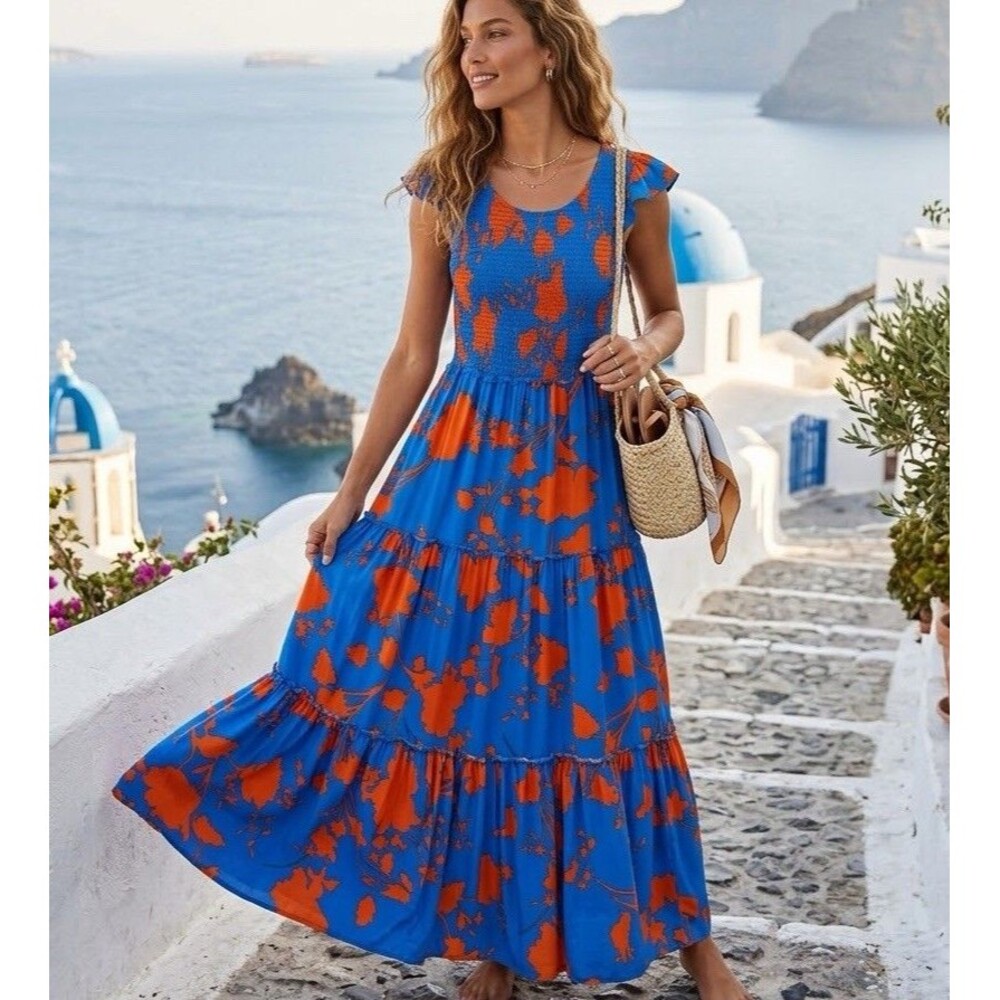 Abel The Label Smocked Floral Tiered Maxi Dress Medium Blue Orange Boho Resort